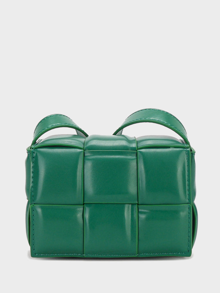 Mini Square Padded Cassette Bag Woven Leather Shoulder Bag Crossbody Handbag, Jade Green