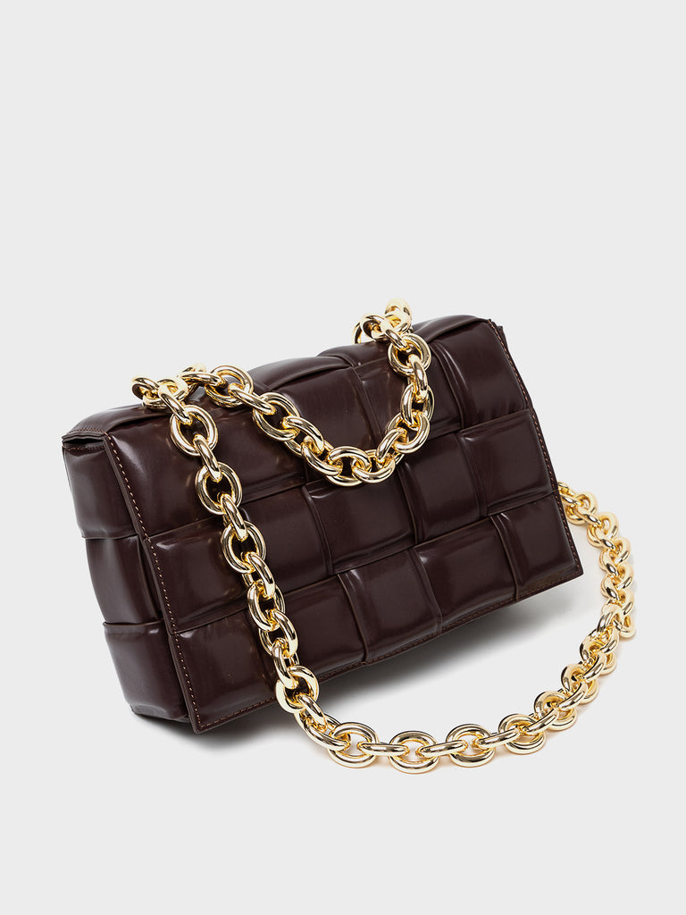 Women's Padded Bag Cassette Leather Shoulder Bag Gold Chain Woven Square Crossbody Bag, SaddleBrown