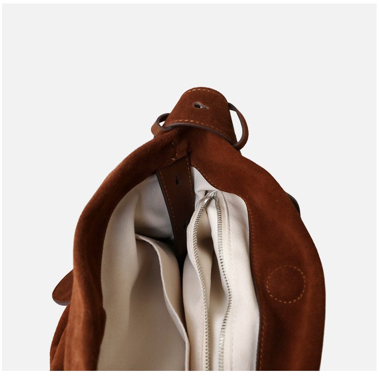 Suede Leather Top Handle Bucket Bag