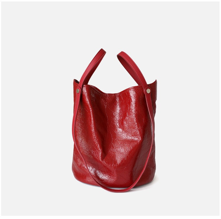 Wax Leather Minimal Bucket Bag Shoulder Bag