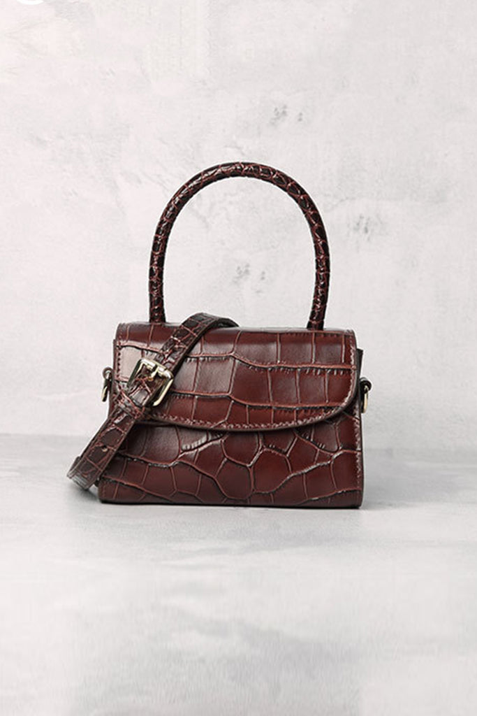 Mini Top-handle Square Purse Fashion Wooden Handle Bags for Women Crocodile  Pattern PU Leather Flap Handbags Long Strap Cross Body