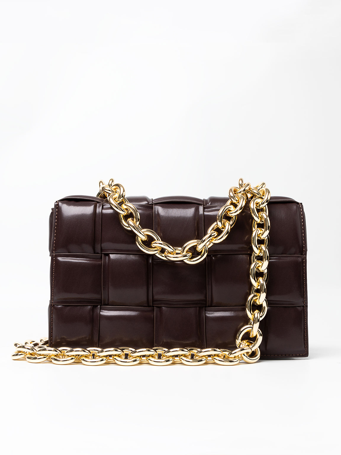 Black Squares Quilt Style Woven Gold Chain Crossbody Shoulder Bag Flap Purse